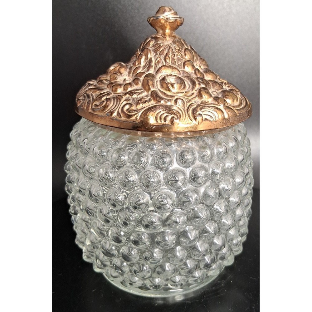 Vintage Clear Glass Hobnail Jar with Ornate Gold Tone Metal Lid w/ C-105 WB